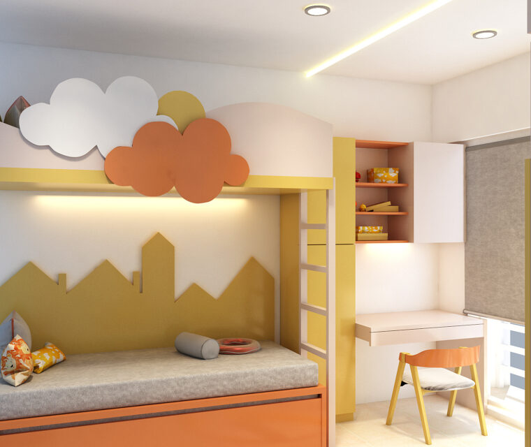 Kids bedroom decor with vibrant bunk bed and study area