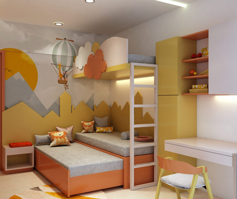 Kids room interior with playful wall art, bunk beds, and storage spaces