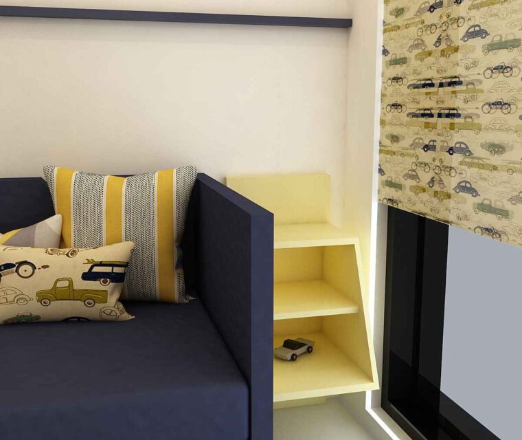 Kids room nightstand with open shelving and toy car decor under natural light