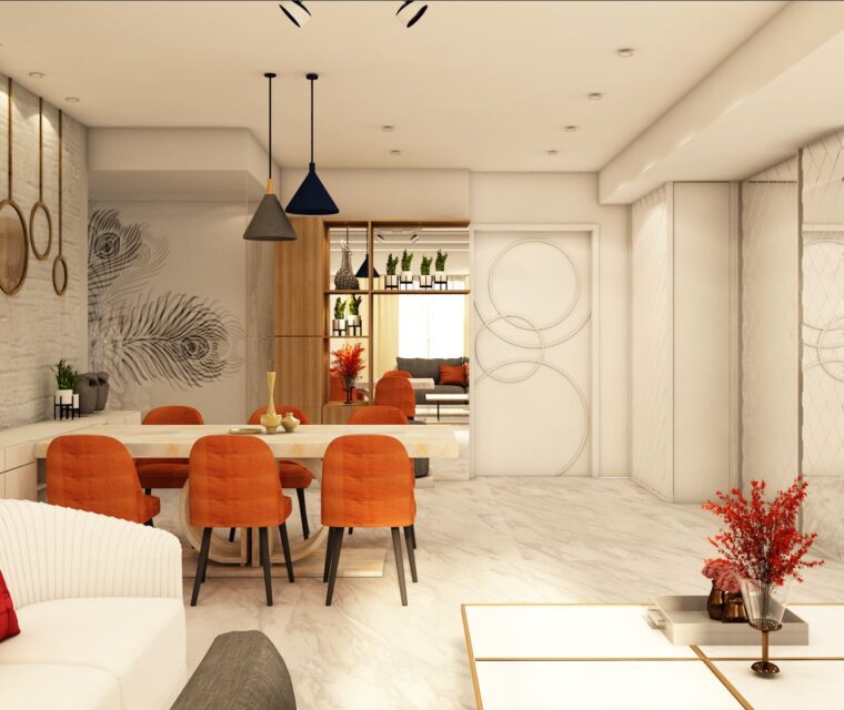 open plan living room with designer dining space, orange accent chairs, and pendant lighting