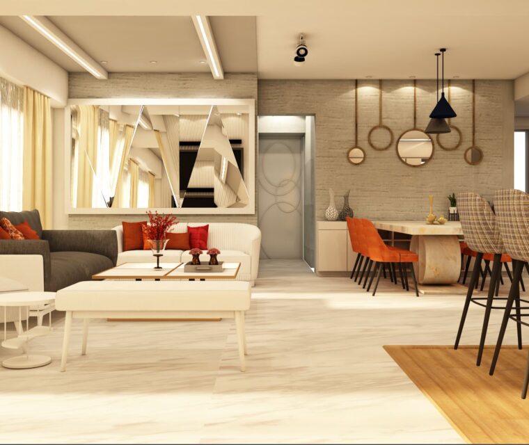 elegant living dining space with plush sofa, statement wall mirrors, bright curtains, and open layout