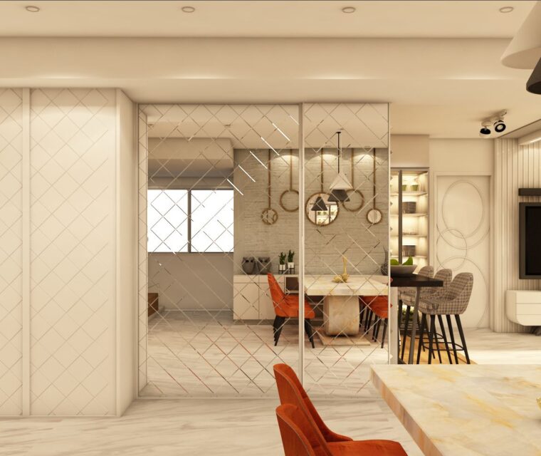 Contemporary living room with mirrored accent wall, modern dining area, and designer lighting fixtures