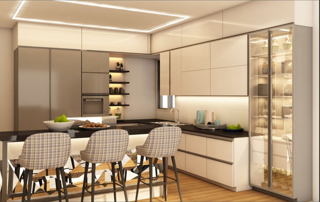 Elegant kitchen-dining interior with breakfast bar, illuminated glass cabinets, and open-plan living arrangement