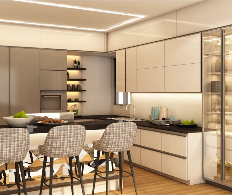 Elegant kitchen-dining interior with breakfast bar, illuminated glass cabinets, and open-plan living arrangement