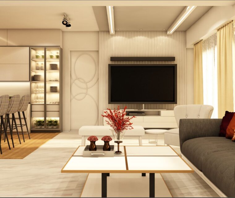 Modern living room interior with neutral color palette, open plan layout, wall-mounted TV and natural lighting