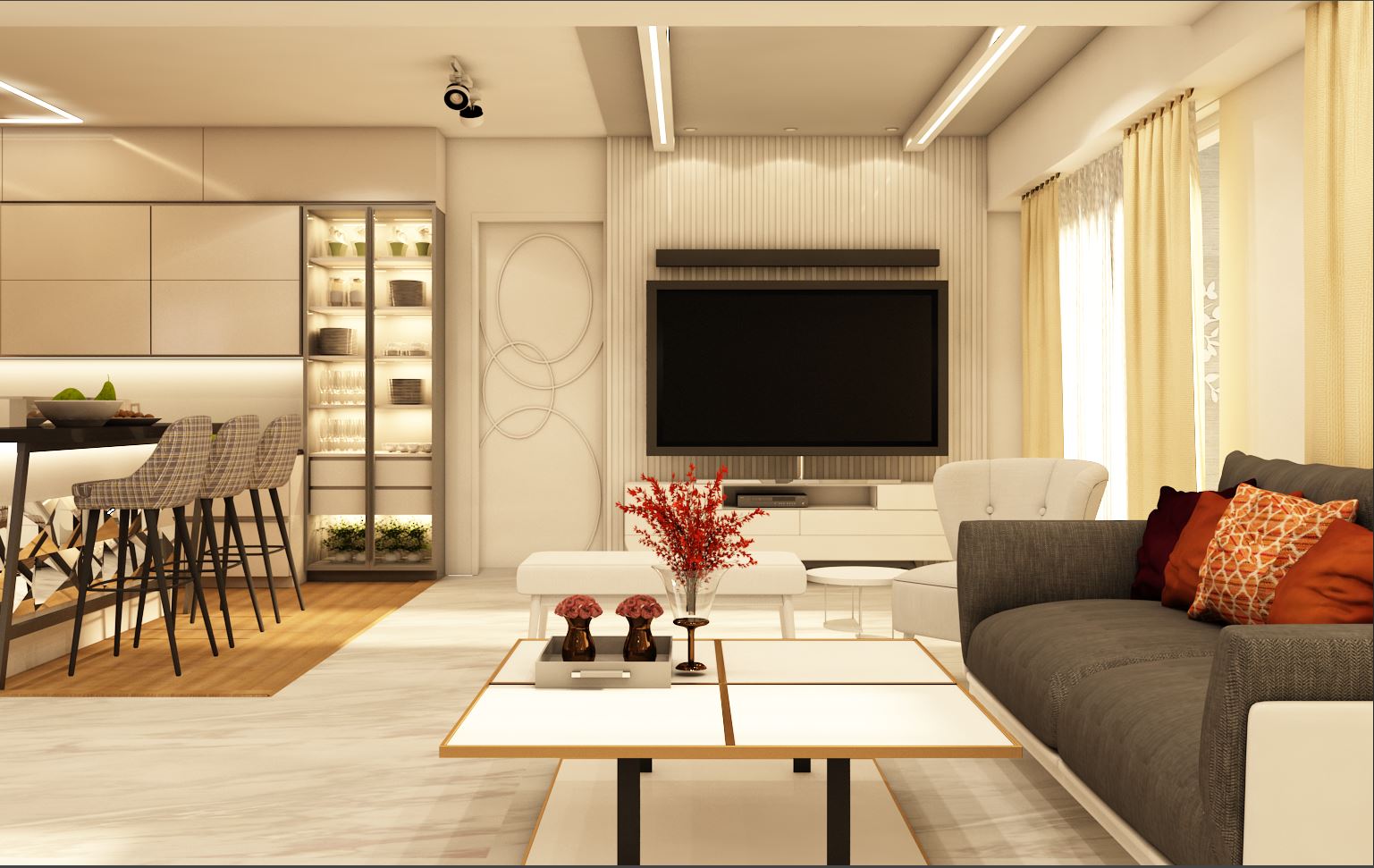 Modern living room interior with neutral color palette, open plan layout, wall-mounted TV and natural lighting