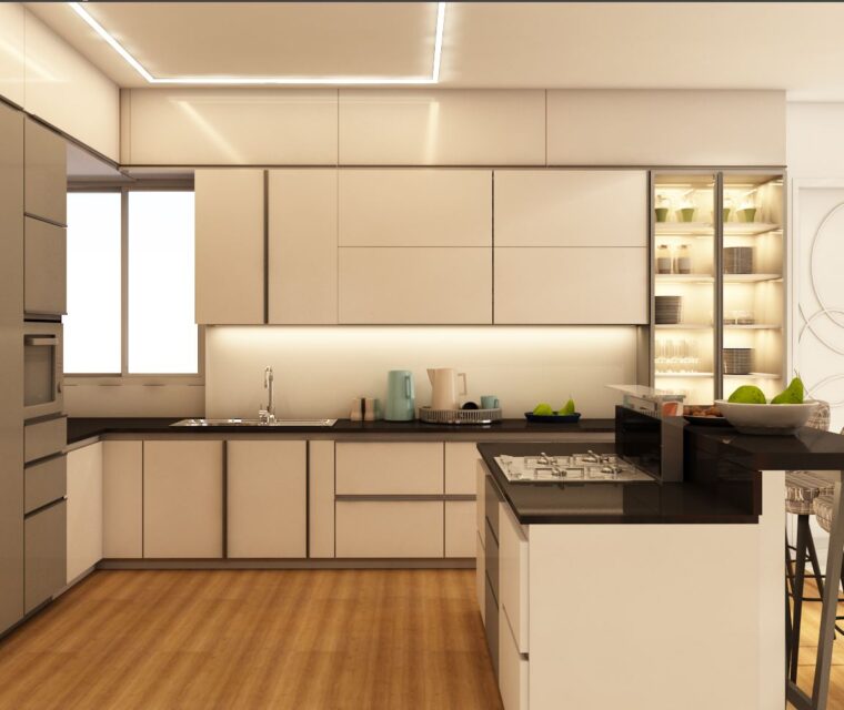 L-shaped modular kitchen with white cabinets, under-cabinet lighting, glass storage, and wooden flooring