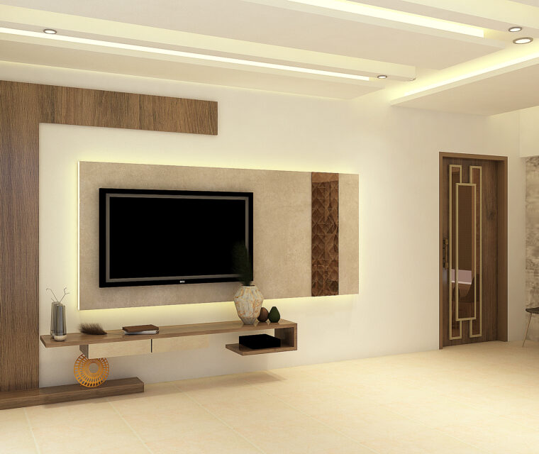 Living room TV unit wall with wooden paneling and minimalist decor