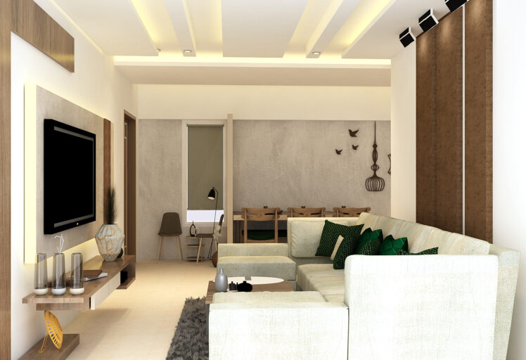 Contemporary living room with sectional sofa, TV unit, and dining area