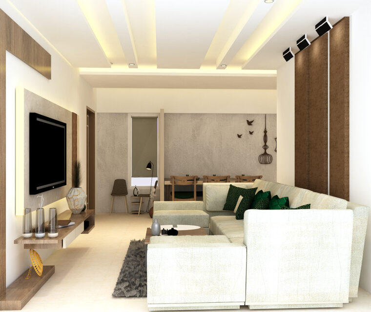 Contemporary living room with sectional sofa, TV unit, and dining area