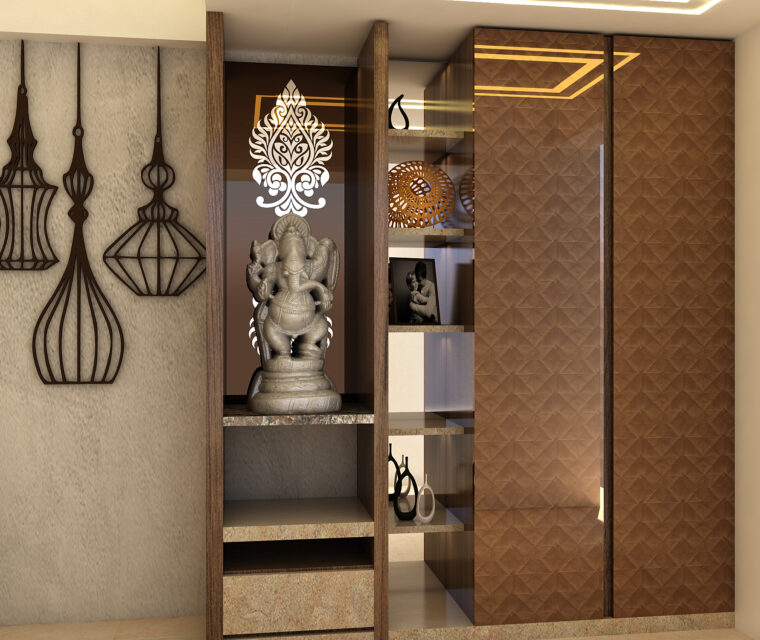 Exclusive pooja unit design with Ganesh idol and decorative elements