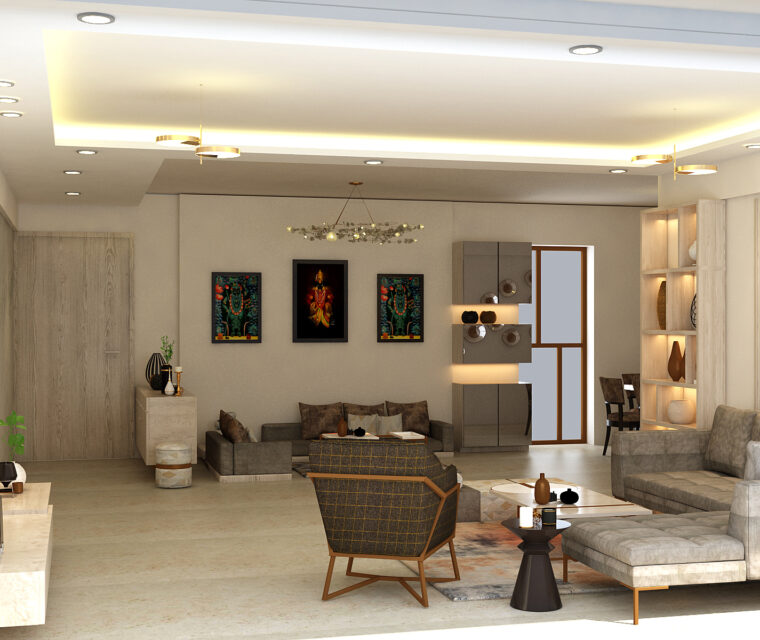 Contemporary living room interior with spacious seating, statement chandelier, and decor artwork