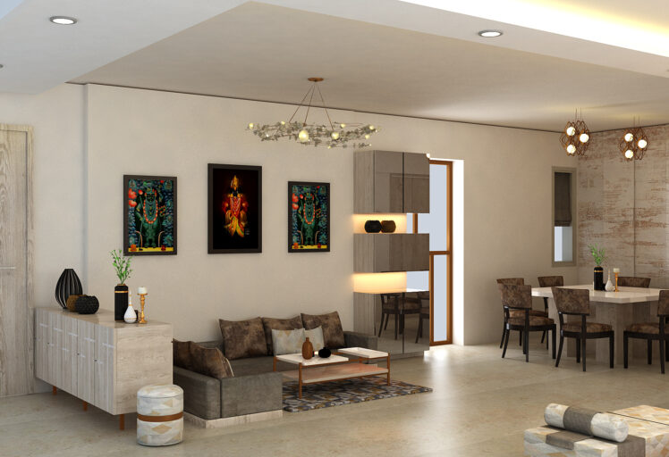 Luxury living room and dining area featuring ambient lighting, wall-mounted decor, and contemporary furniture