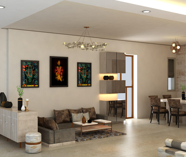 Luxury living room and dining area featuring ambient lighting, wall-mounted decor, and contemporary furniture