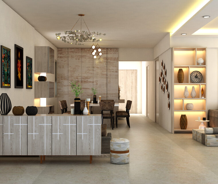 Elegant open-plan living and dining room with wall art, decorative shelves, and stylish furniture