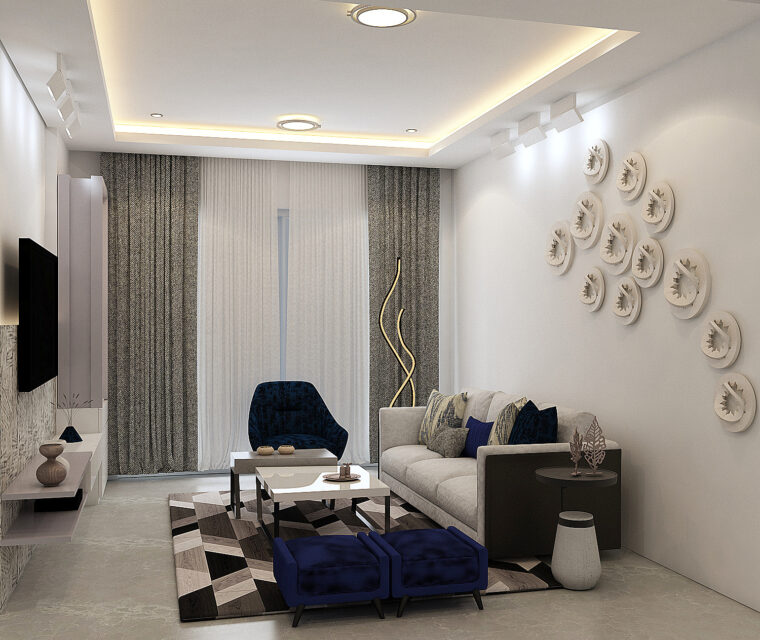 Modern living room interior design with accent lighting and decor