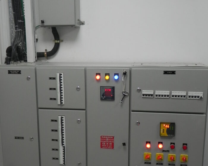 High-voltage electrical panel room interior for industrial office infrastructure