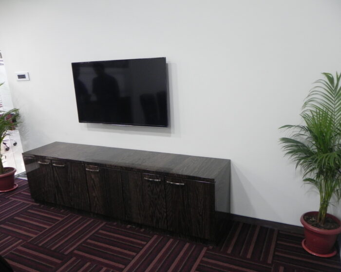 Office lobby wall-mounted TV with dark wood console and indoor plants for modern workspace styling