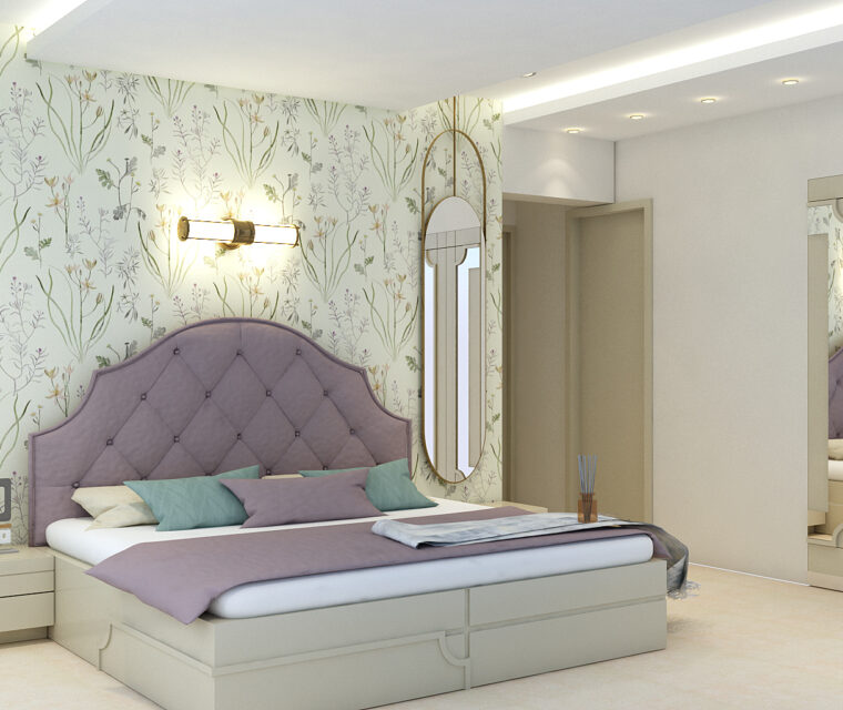Pastel themed bedroom interior with mirrored wardrobes and soft furnishings
