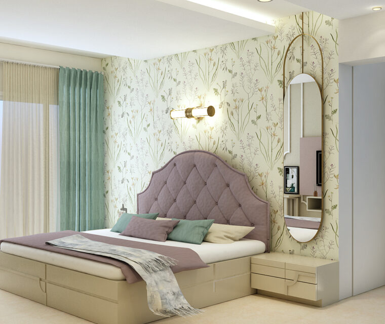 Stylish master bedroom interior, cozy bedding, soft upholstery