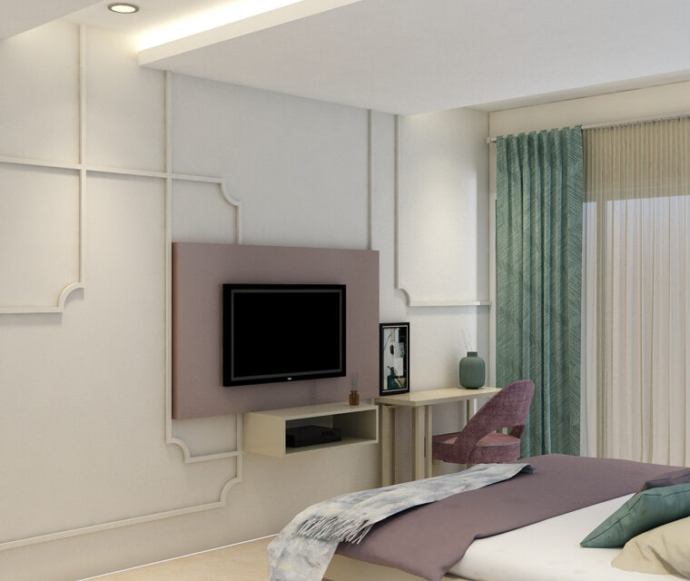 Master bedroom design, wall-mounted TV, study desk, and modern decor