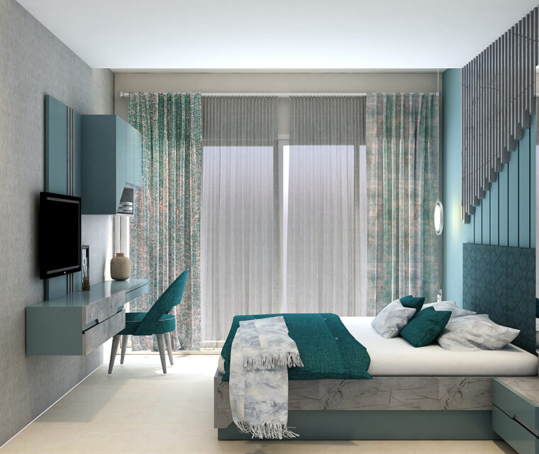 Modern bedroom design with teal accents, wall-mounted TV, large windows