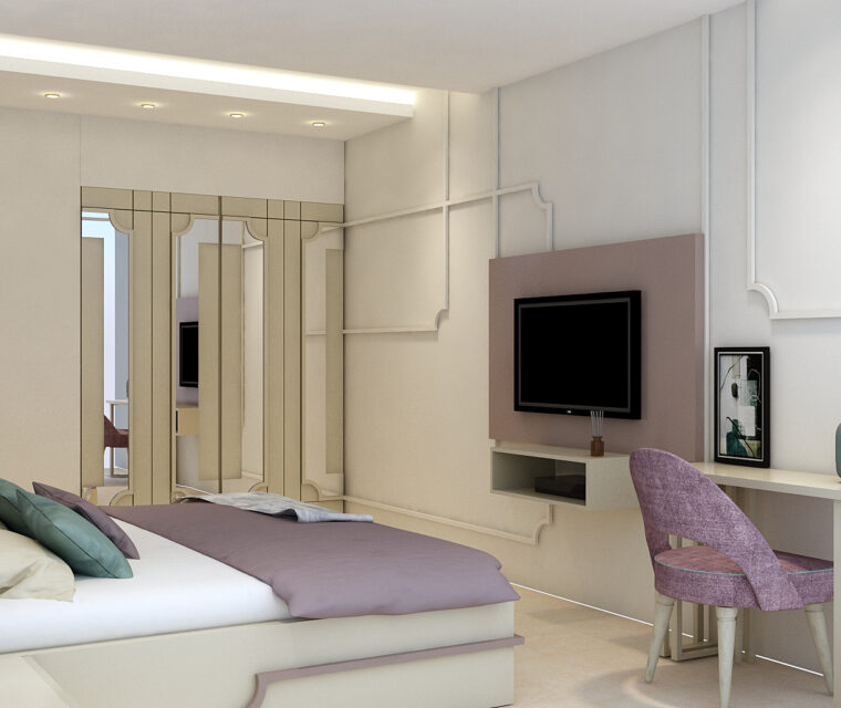 Bedroom interior with pastel colors, soft furnishings, and accent wallpaper