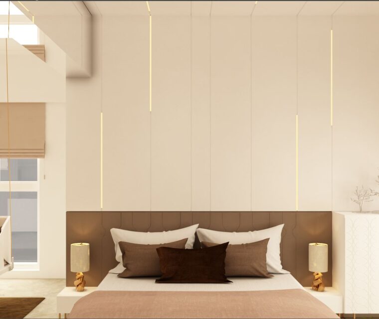 Luxurious master bedroom with beige swing seat, geometric mirror, and integrated work desk