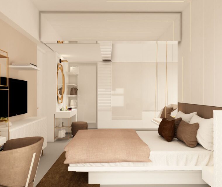 Spacious master bedroom featuring floating bed, pastel decor, wall-mounted TV, and modern study desk