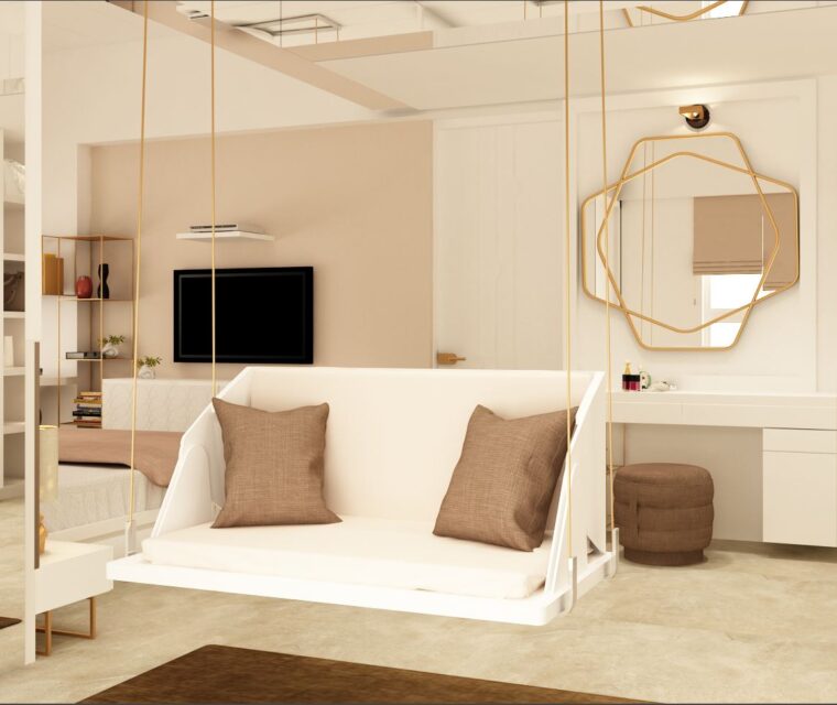 Modern vanity area in master bedroom with unique designer mirror, white desk, and open shelving for bags