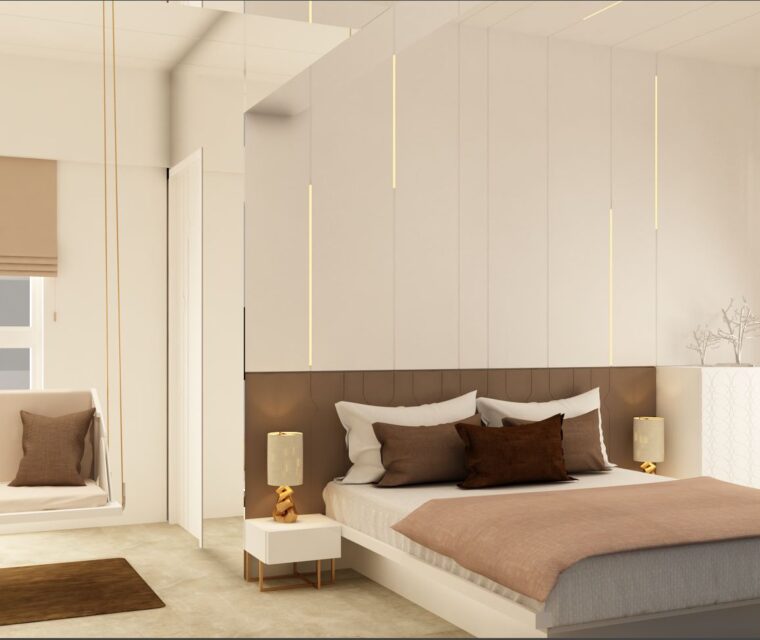 Modern master bedroom interior design with beige color palette, floating bed, hanging lights, and stylish decor elements