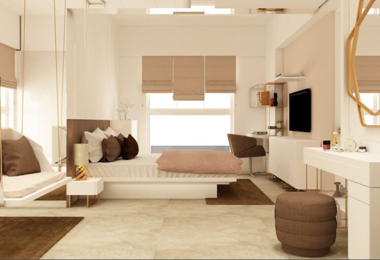 Elegant master bedroom wall with full-height glossy wardrobes and large windows for ample natural light