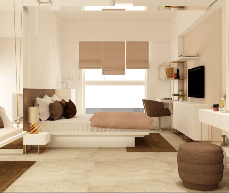 Elegant master bedroom wall with full-height glossy wardrobes and large windows for ample natural light