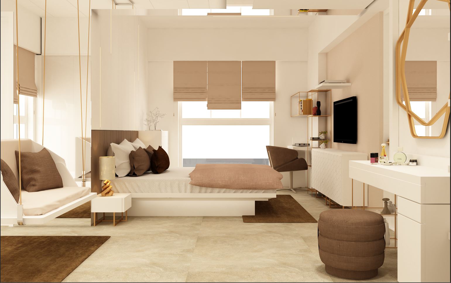 Elegant master bedroom wall with full-height glossy wardrobes and large windows for ample natural light