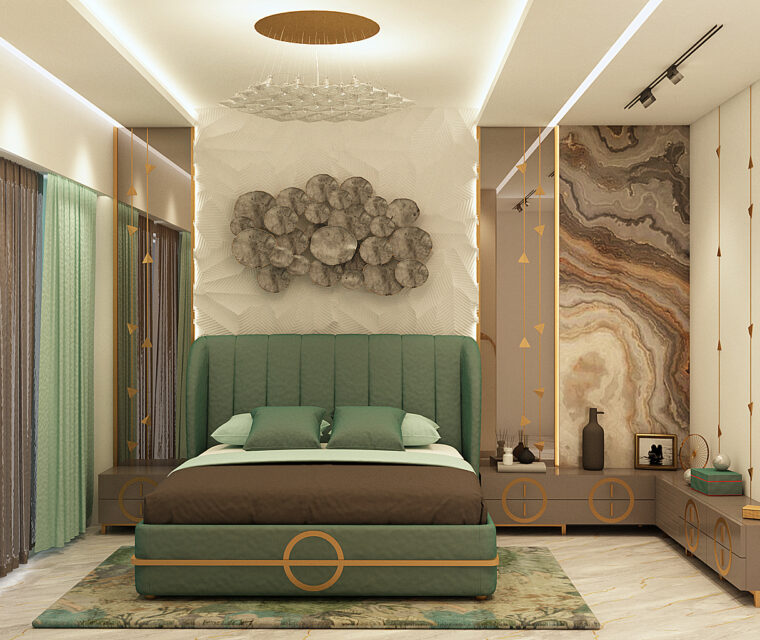 Master bedroom interior featuring artistic padded headboard, warm lighting, and modern decor
