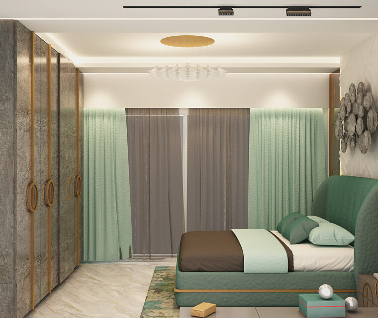 Modern luxury bedroom with dual-toned curtains, textured wardrobes, and decorative lighting fixture