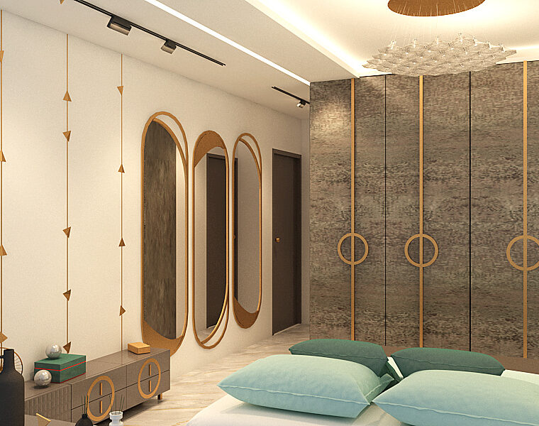 Elegant master bedroom with floral wardrobe panels, custom lighting, and cozy atmosphere