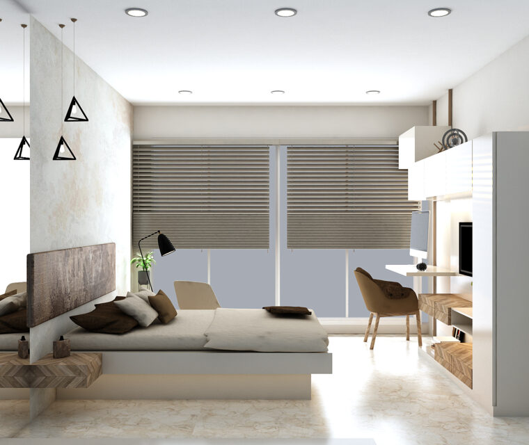 Full view of designer modular kitchen with integrated appliances and custom cabinetry layout