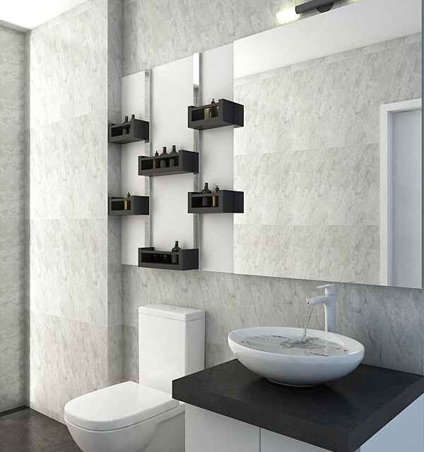 Minimal luxury bathroom with white fixtures, marble effect tiles, and large mirror