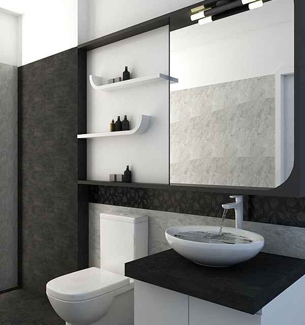 Designer bathroom with modern vanity, bowl sink, and wall-mounted mirror