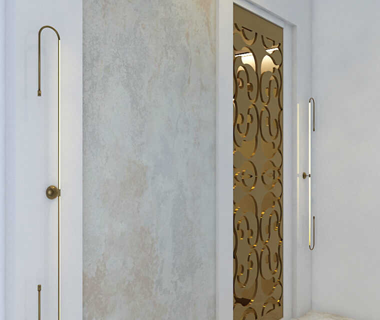 Apartment entrance with marble flooring and designer metal partition panel