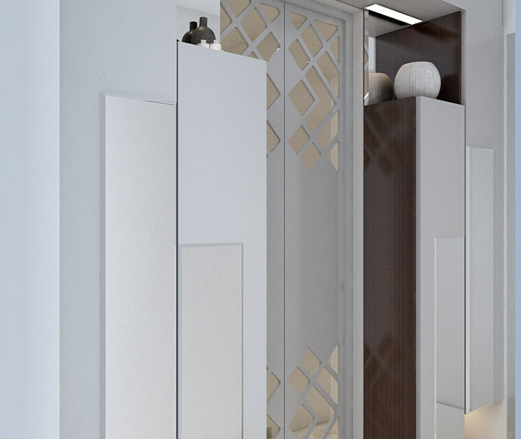 Shoe cabinet interior with ample storage compartments and organized shelves in entryway