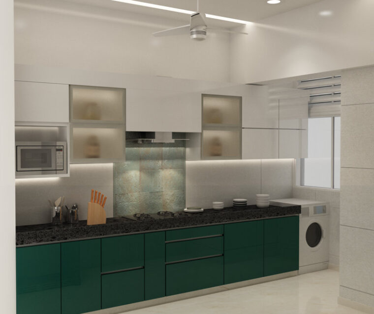 Designer modular kitchen with built-in appliances, glass doors, and accent lighting