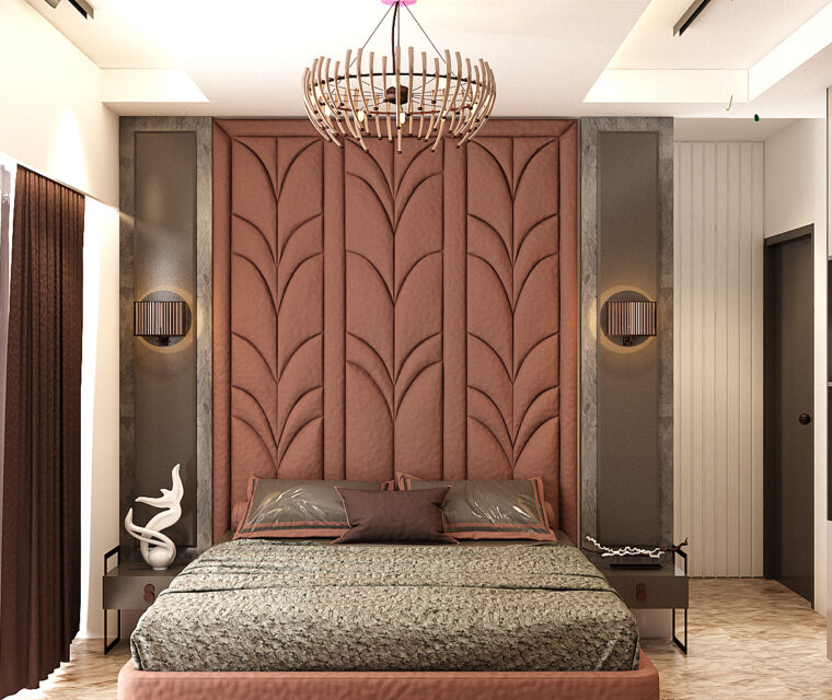 Luxurious bedroom design with geometric padded headboard, soft lighting, and modern furniture