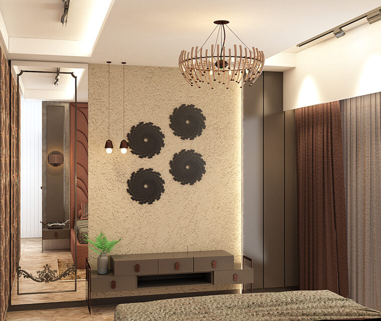 Modern master bedroom interior with textured wall, wooden chandelier, and neutral tones