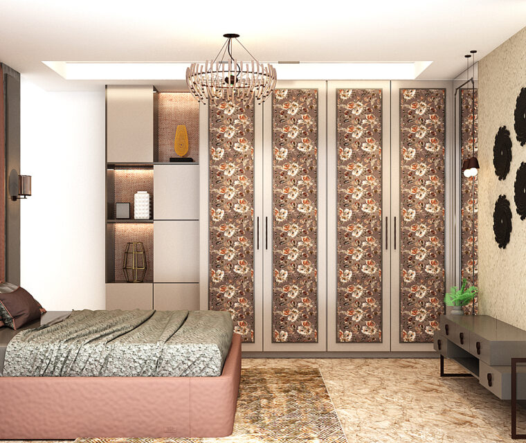 Stylish bedroom with floral wardrobe, accent wall, statement chandelier, and soft ambient lighting