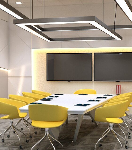 Modern conference room interior design with yellow chairs, LED lighting, and double wall displays for office space
