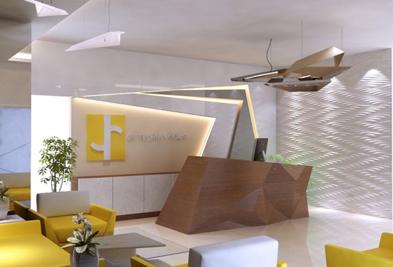 Contemporary reception area interior with stylish wooden desk, yellow accents, and designer decor for office entrance