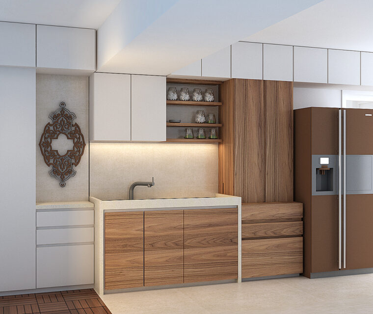 Kitchen sink area with modular storage, wooden drawers, and side-by-side refrigerator