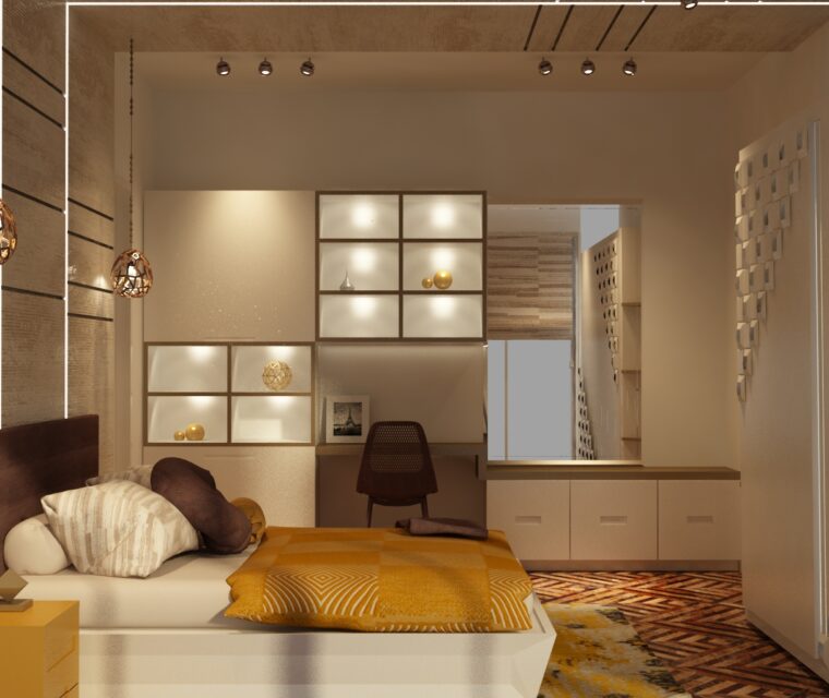 Bedroom with built-in wardrobe, contemporary study desk, and modern shelving